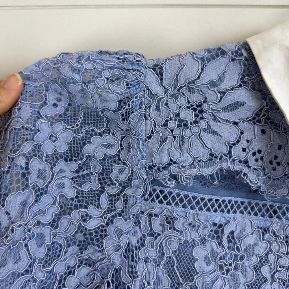 Self Portrait Blue Fine‎ Corded Lace Collared Button Up Shirt Top WOMEN 6 SHEER
